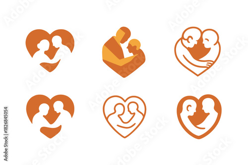 Elderly Care Icons. Elderly care and senior wellness. Icon set. Set Logo of elderly care: heart-shaped wellness emblem. harmonious logo variations of the same