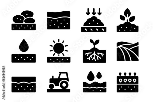 Soil Protection Icons. Soil protection. Solid icon set of Soil protection: mulch layer, soil layers, erosion arrows, compost, rain droplet, sun icon, plant