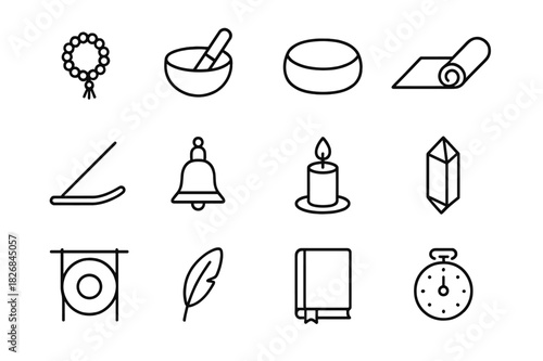Meditation Tools Icons. Meditation tools. Line icon set of meditation tools: mala beads, singing bowl, cushion, mat, incense stick, bell, candle, crystal,