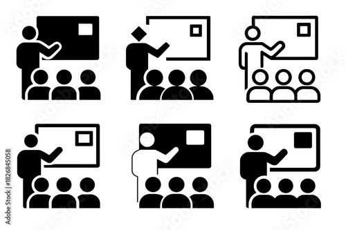 Tech Logo Variations. tech conference presentation. Icon set. Set Logo of tech conference presentation: audience and presenter silhouette. harmonious logo