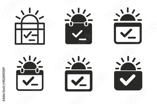 Morning Planning Icons. Planning the workday with a morning checklist. Icon set. Set Logo of planning the workday with a morning checklist: sunrise over