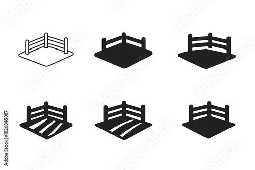 Landowner Icon Set. Landowner. Icon set. Set Logo of landowner: plot of land with fence. harmonious logo variations of the same emblematic concept, each with