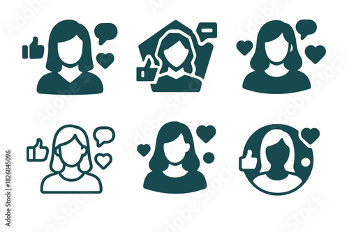Digital Influencer Icons. Digital avatars as social media influencers. Icon set. Set Logo of digital influencer: avatar surrounded by social media icons.