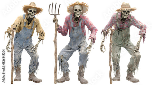 Spooky skeleton farmers ready for Halloween harvest festival, perfect for eerie autumn events and haunted farm displays, creepy and fun