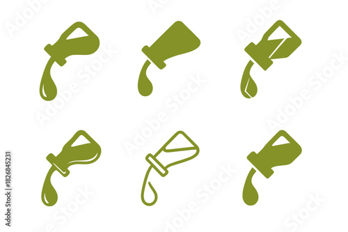 Olive Oil Logo Variations. pouring olive oil. Icon set. Set Logo of pouring olive oil: olive branch. harmonious logo variations of the same emblematic concept,