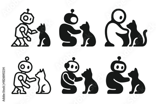 Home Robotics Logos. home robotics assistance. Icon set. Set Logo of home robotics assistance: robot interacting with pet. harmonious logo variations of the