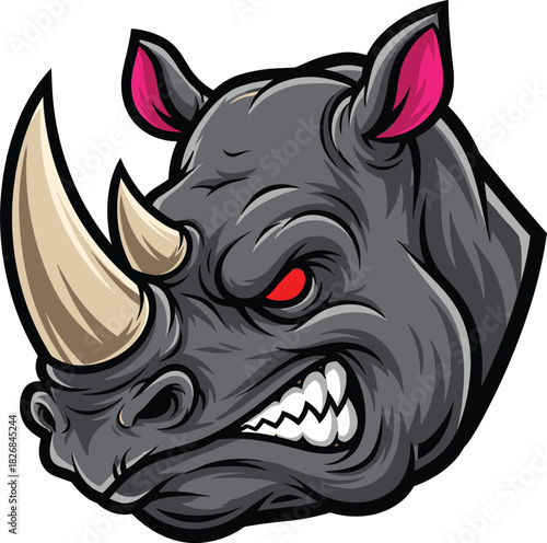 Furious aggressive black rhinoceros head mascot with red angry eyes and sharp teeth, dynamic cartoon vector illustration of a wild animal, charging rhino for sports team logo, esports, 