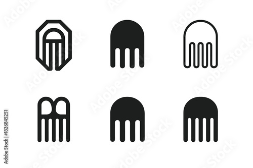 Barbershop Logo Variations. At the Barbershop. Icon set. Set Logo of At the Barbershop: Comb. harmonious logo variations of the same emblematic concept, each