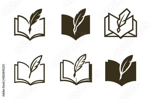 Bookish Logo Variations. Bookish ambiance. Icon set. Set Logo of bookish ambiance: Open pages with quill. harmonious logo variations of the same emblematic