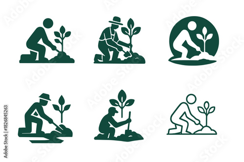 Outdoor Landscaping Icons. Outdoor landscaping design and installation. Icon set. Set Logo of outdoor landscaping design and installation: Tree planting scene.