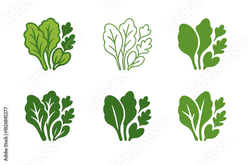 Fresh Greens Logos. produce display. Icon set. Set Logo of produce display: assortment of fresh greens. harmonious logo variations of the same emblematic