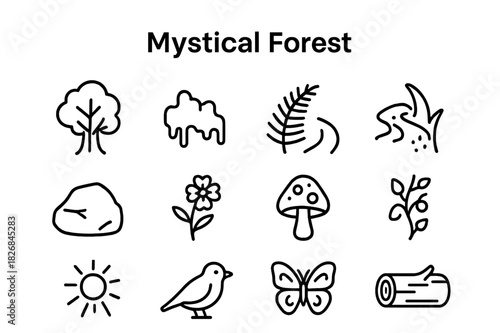 Mystical Forest Icons. Fantasy forest flora. Solid icon set of fantasy forest flora: enchanted tree, glowing mushroom, mystical flower, sparkling vine, magical