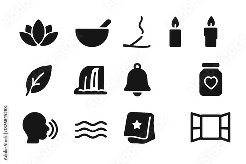Stress Reduction Icons. Stress Reduction. Solid icon set of Stress Reduction: lotus, singing bowl, incense, candle, nature leaf, waterfall icon, mindful bell,