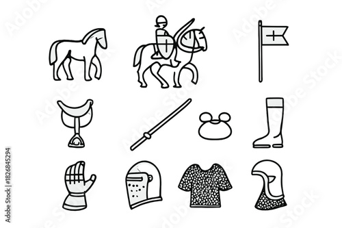 Mounted Knight Icons. Mounted Knight. Line icon set of Mounted Knight: horse, armored knight, lance, shield, banner, saddle, stirrups, reins, boots, gauntlets,