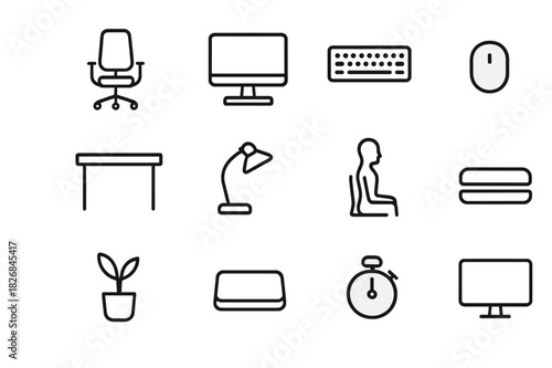 Ergonomic Workspace Icons. Ergonomic workspace. Line icon set of ergonomic workspace: adjustable chair, monitor stand, keyboard, mouse, desk, lamp, posture