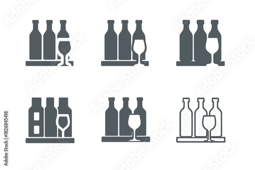 Home Bar Iconography. Home bar and entertainment area design. Icon set. Set Logo of home bar and entertainment area design: Wine glass and bottle rack.