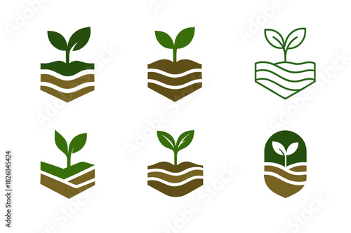 Agricultural Innovation Icons. Agricultural Innovation. Icon set. Set Logo of Agricultural Innovation: seed sprouting from soil layers. harmonious logo