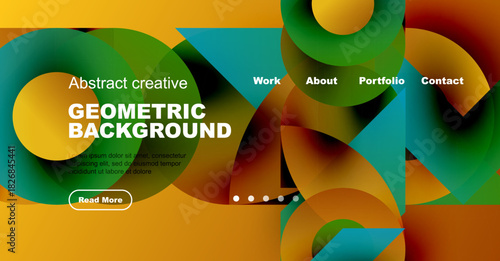 Abstract geometric background. Vibrant colors, overlapping shapes create modern design. Website header includes navigation options, text.