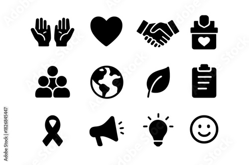 Volunteering Icon Set. Volunteering. Solid icon set of Volunteering: helping hands, heart, handshake, donation box, group of people, globe, leaf, clipboard,