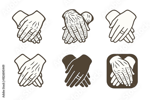 Wrinkled Hands Emblems. Wrinkled Hands and Wedding Ring. Icon set. Set Logo of Wrinkled Hands and Wedding Ring: holding hands with visible ring. harmonious