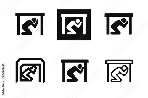 Earthquake Safety Icons. Earthquake hazards. Icon set. Set Logo of earthquake hazards: Icon of person taking cover. harmonious logo variations of the same