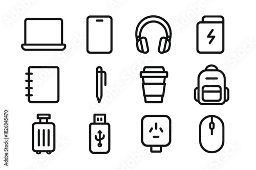 On-the-Go Icon Set. On-the-Go Productivity. Line icon set of On-the-Go Productivity: laptop, smartphone, headphones, power bank, notebook, pen, coffee cup,