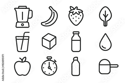 Smoothie Icon Set. Smoothie prep. Line icon set of smoothie prep: blender, banana, strawberry, spinach, cup, straw, ice cube, bottle, droplet, apple, timer,