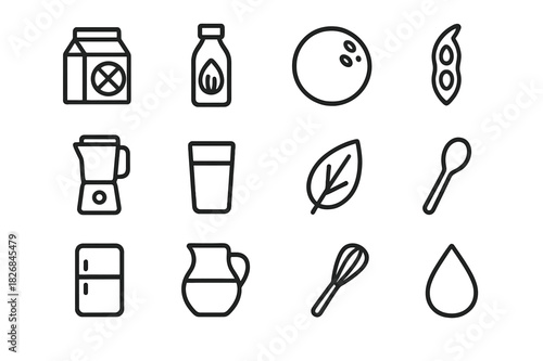 Dairy-Free Kitchen Icons. Dairy-free kitchen. Line icon set of dairy-free kitchen: milk carton, almond milk, coconut, soy bean, blender, glass, leaf, spoon,