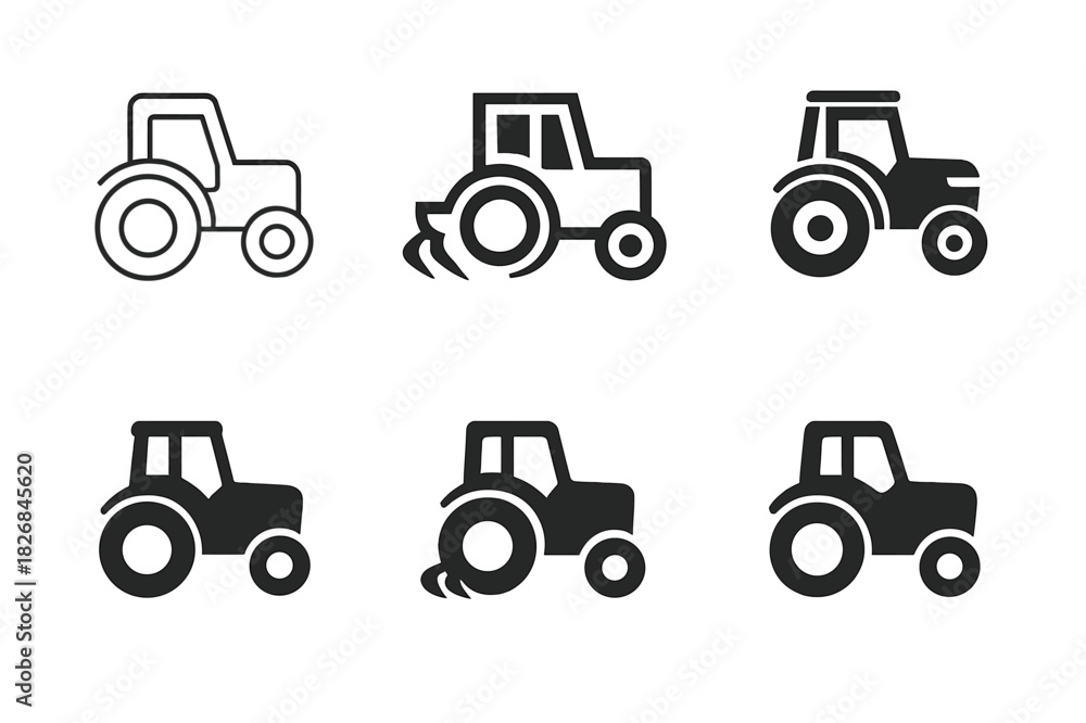 Fototapeta premium Tractor Logo Variations. Tractor. Icon set. Set Logo of Tractor: Tractor Plow Attachment. harmonious logo variations of the same emblematic concept, each with