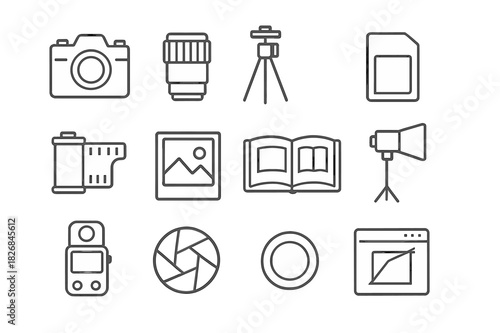 Artistic Camera Icons. Artistic camera gear. Line icon set of Artistic camera gear: camera, lens, tripod, memory card, film roll, photo frame, photo album,