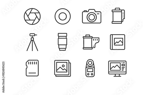 Photography Icon Set. Art photography concepts. Line icon set of Art photography concepts: aperture symbol, shutter button, camera, tripod, lens, film roll,