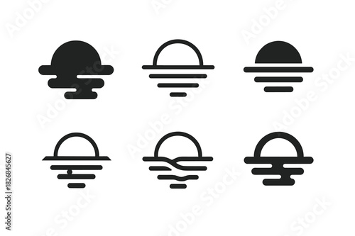 Morning Fog Logos. Morning Fog. Icon set. Set Logo of morning fog: sun barely visible in fog. harmonious logo variations of the same emblematic concept, each