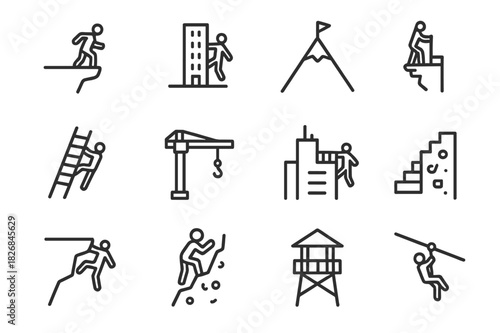 Dangerous Heights Icons. Dangerous heights. Line icon set of dangerous heights: cliff edge, tall building, mountain peak, suspension bridge, ladder, crane,