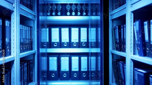 Interior shot of shelves filled with document binders in a cool-toned blue illuminated room