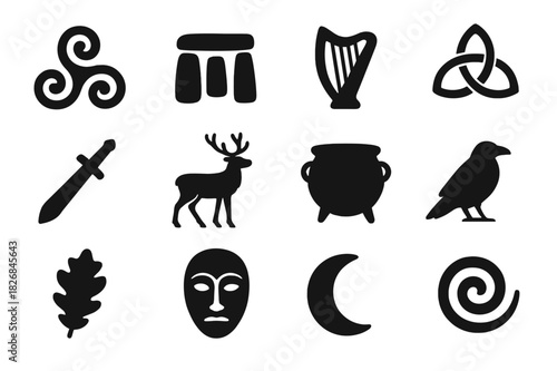 Celtic Mythology Icons. Celtic mythology. Solid icon set of Celtic mythology: triskelion, stone circle, harp, knot, sword, deer, cauldron, raven, oak leaf,