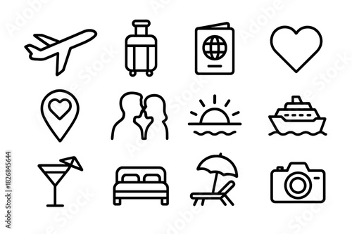 Romantic Travel Icons. Romantic travel. Line icon set of romantic travel: airplane, luggage, passport, heart, couple silhouette, map pin, sunset, cruise ship,