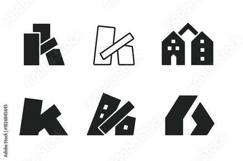 Collapsed Buildings Icon Set. Collapsed buildings. Icon set. Set Logo of Collapsed buildings: Fallen beam. harmonious logo variations of the same emblematic