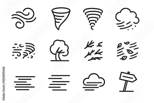 Air Vortex Icons. Air vortex. Line icon set of Air vortex: swirling wind, tornado funnel, spinning funnel, dust cloud, flying debris, bent tree, broken