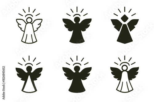 Angelic Logo Variations. angelic presence. Icon set. Set Logo of angelic presence: radiant angel silhouette. harmonious logo variations of the same emblematic