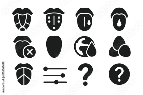Taste Map Icons. Taste map myth. Solid icon set of Taste map myth: tongue map, taste zones, sweet tip, sour sides, bitter back, salty front, taste debunk icon,
