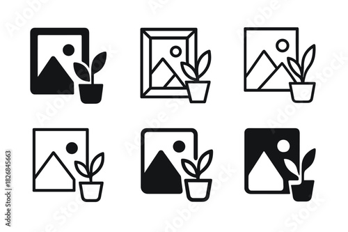 Modern Home Logo Variations. Interior design for modern homes. Icon set. Set Logo of interior design for modern homes: potted plant beside framed artwork.