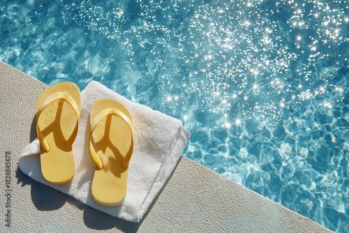 Bright Yellow Flip Flops Rest on a Towel by a Sparkling Blue Swimming Pool Du...