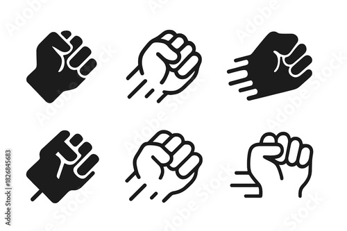 Clenched Fist Logos. Fist clenching. Icon set. Set Logo of fist clenching: hand silhouette tightening with motion marks. harmonious logo variations of the same