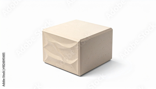 Beige sculptural block with smooth surface and wavy indentation isolated on white background, minimalist design object for architecture, modern art, interior styling, product visualization