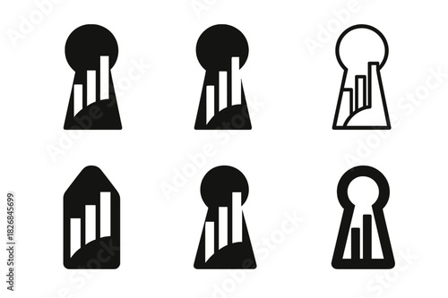 Wealth Management Logos. Wealth Management Office. Icon set. Set Logo of Wealth Management Office: keyhole and bar chart fusion. harmonious logo variations of