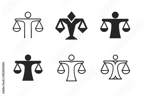 Courtroom Logo Variations. Courtroom scene with defendant. Icon set. Set Logo of courtroom: scales of justice with person. harmonious logo variations of the
