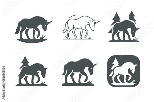 Magical Unicorn Logo Variations. Preparing a roasted chicken with a side of mashed potatoes. Icon set. Set Logo of roasted chicken meal: dinner setting with