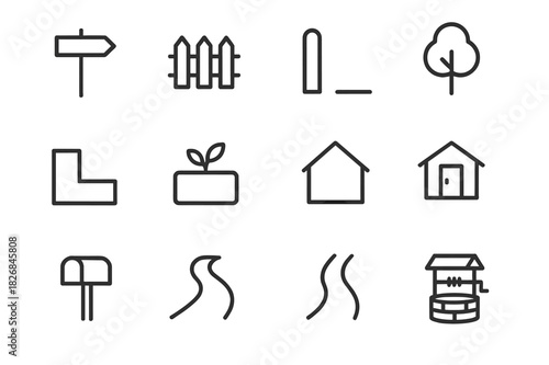 Plot Marker Icons. Plot boundary markers. Line icon set of Plot boundary markers: signpost, fence, boundary marker, tree, parcel line, garden bed, house