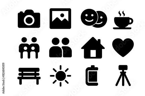 Lifestyle Photography Icons. Lifestyle photography. Solid icon set of lifestyle photography: camera, photo frame, smiling faces, family group, friends, coffee