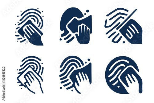 Fingerprint Cleaning Icons. Wiping fingerprints off glass. Icon set. Set Logo of wiping fingerprints off glass: hand with cloth cleaning smudged surface.